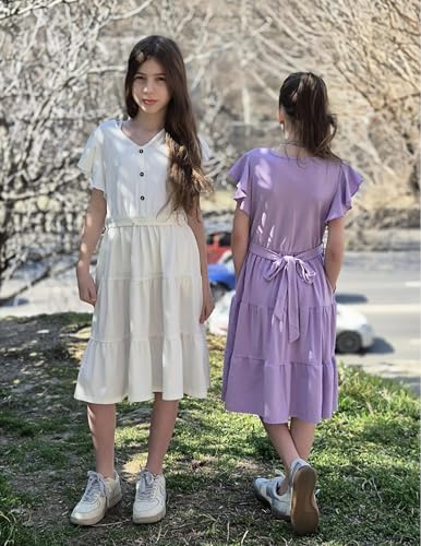 Arshiner Girls Dress Short Sleeve Summer V Neck Button Removable Belt Dresses with Pockets 5-12 Y4