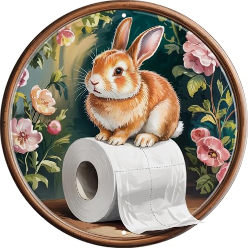Yanrtrjin Bathroom Rabbit Metal Sign 8x8in Round Pet Humor Plaque for Restroom Wall Decor Bunny Lover Gift