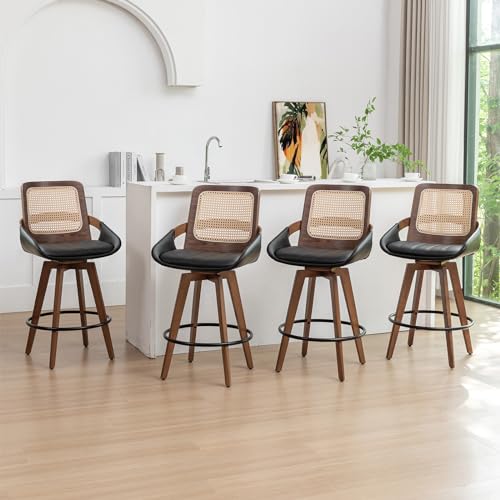 Set of 4 Swivel Rattan Counter Stools - 26.4 inch Mid Century Modern Bar Stools with Cane Back, Upholstered Seat, Curved Arms, Faux Leather Bar Stools for Kitchen/Island/Counter (Walnut Black)