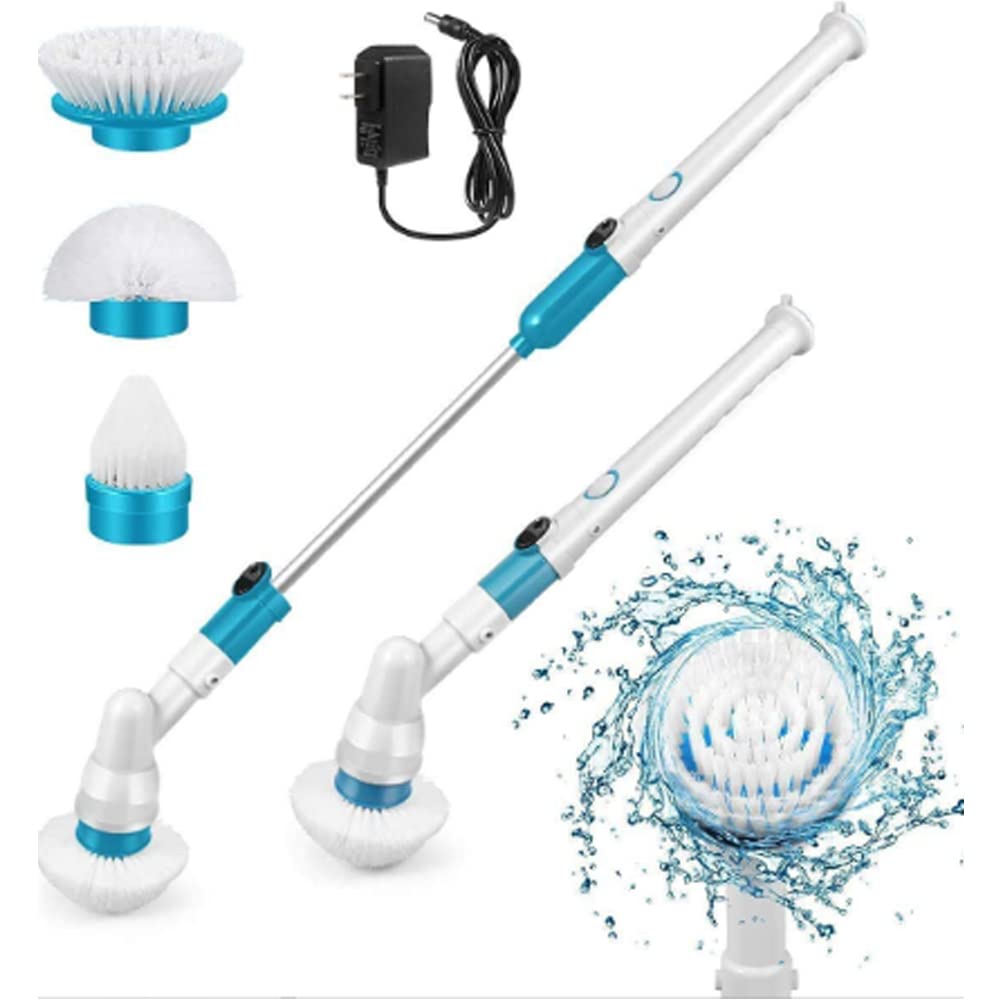FolinElectric Spin Scrubber,360 Cordless Bathroom Scrubber with 3 Replaceable Cleaning Shower Scrubber Brush Heads Extension Handle Power Cleaning Brush for Tub Tile Floo Wall Shower Bathtub Kitchen
