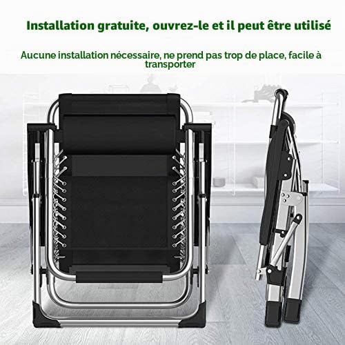 Bain de Soleil Pliage Zéro Gravité Chaises Recliner pour Beach Patio Jardin Camping en Plein Air Portable Maison Lounge Chair Prend en Charge 200 kg Noir (Couleur : Without Cushions)