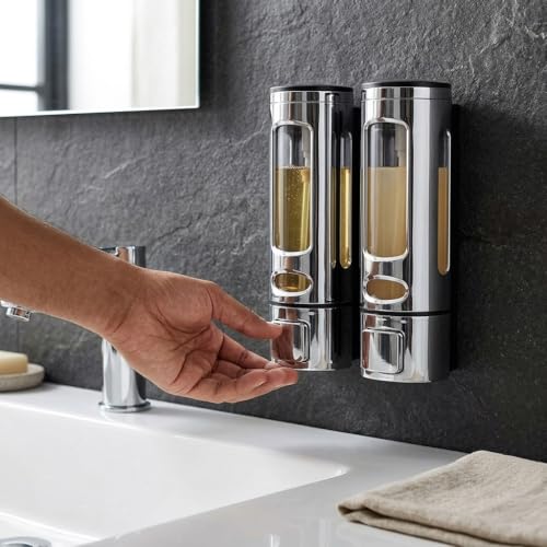 Image of ALTURAS Wall Mounted Liquid Soap Dispenser, ABS, 400 ML, for Shampoo, Sanitizer and Gel Handwash Dispenser (400 ML Silver Combo)