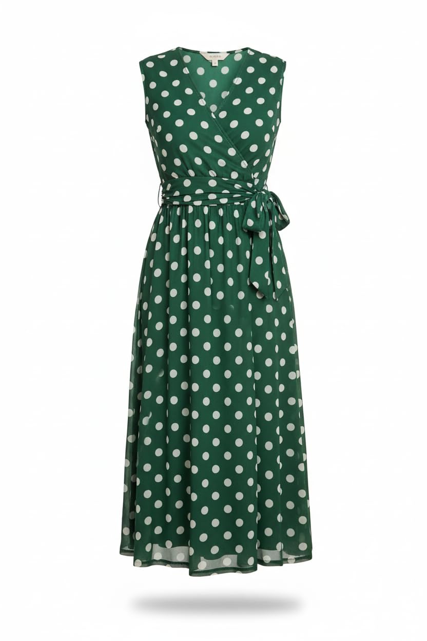 Yumi Women's Green Polka Dot Mesh Wrap Skater Dress With Pockets | Size: 14