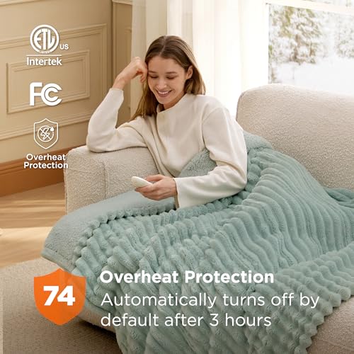 Image of Bedsure Heated Blanket Electric Throw - Thick Striped Flannel Electric Blanket, Heating with 4 Time Settings, 6 Heat Settings, and 3-Hour Timer Auto Shut Off, Gift for Grandma (50x60 inches, Green)