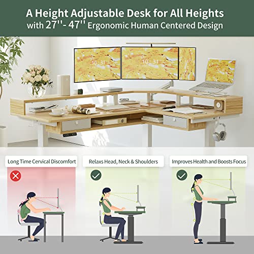 Fezibo 63" L Shaped Standing Desk With Led Strip, Electric Triple Motor Sit Stand Up Corner Desk Height Adjustable With Monitor Stand & Shelves, 2 Drawers, Ergonomic Home Office Desk, Natural #TOP1