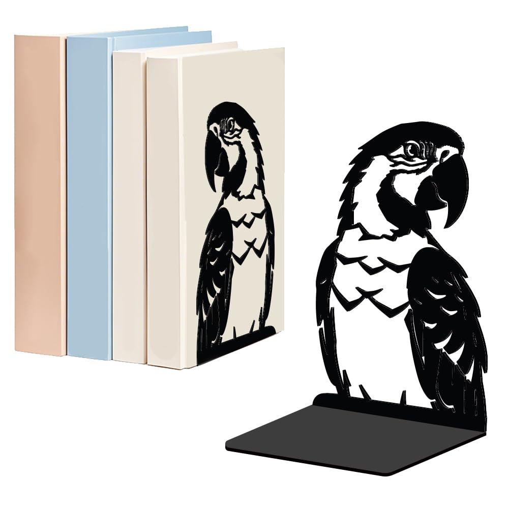 WADORN 1 Pair Parrot Decorative Bookends for Shelves, Bird Heavy Duty Metal Decorative Book Ends Non-Skid Book Stopper Home Bookshelf Holder for Living Room Library Office, 5.3x4.3x7.9 Inch