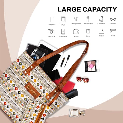 Image of Storite Small Women's Tote Bag with Leather Handles & Embroidery Printed Handbag with Zip Pockets, Shoulder Tote Bag and Handbag for Office and College (WhiteBrown, 26x21x9.8 cm)
