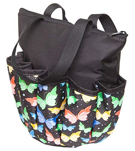 Butterfly Pattern 10 Pocket Zipper Tote, Black, One Size Bingo Bag with Pockets