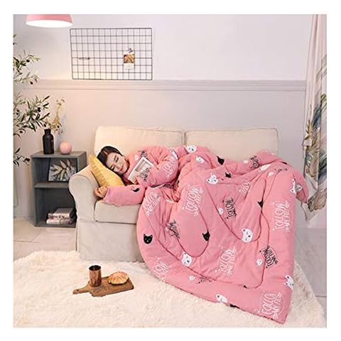 HOXMOMA Wearable Blanket with Sleeves, Thickened Portable Cotton Quilt, Warm Sleep Sack for Adult, Cape with Zipper, Windproof Cloak for Home Office 59 * 79in,Pink Cover