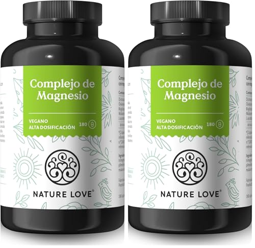 NATURE LOVE® Complejo de magnesio - 180 cápsulas - 400 mg de magnesio elemental por dosis diaria - Magnesiumbisglycinat, Magnesiummalat, Magnesiumscorbat - vegano, de dosificación alta (Paquete de 2)