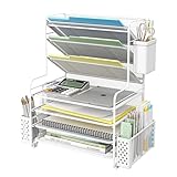 Simple Trending 7 Tier Desk File Organizer, Letter Tray Paper Organizer with Pen Holder and Metal Hanging Basket, White