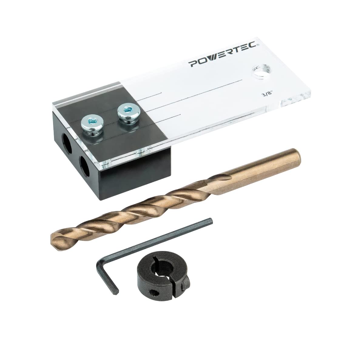 POWERTEC 71497 Dowel Drilling Jig with Cobalt M-35 Drill Bit and Split Ring Stop Collar 3/8-Inch