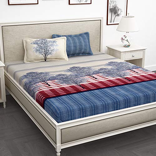 Image of Story@Home Bedsheet for King Size Bed Fine Cotton Luxurious Soft Comfort Tree Pattern King Size Bedsheet & 2 Pillow Covers - (270 X 270 Cm) Blue & Cream | Perfect for Diwali Gifting-260 TC