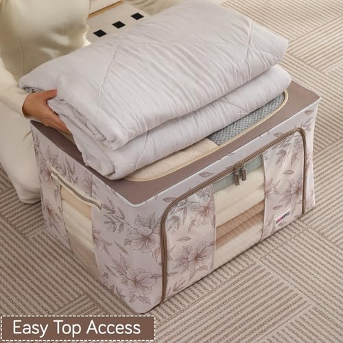 Image of HOKIPO 88L(XL) Folding Storage Box and Organiser for Clothes, 600D Oxford Fabric Storage Box, Latte Floral Pack of 1 (AR-6487-LBR)