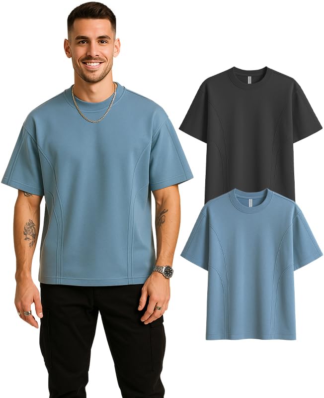 Image of Sleepynuts Men 220 GSM 100% Pure Cotton Oversized Baggy Fit Drop Shoulder Round Neck T-Shirt Pack of 2 (Smoky Grey, Dusty Blue-XS)