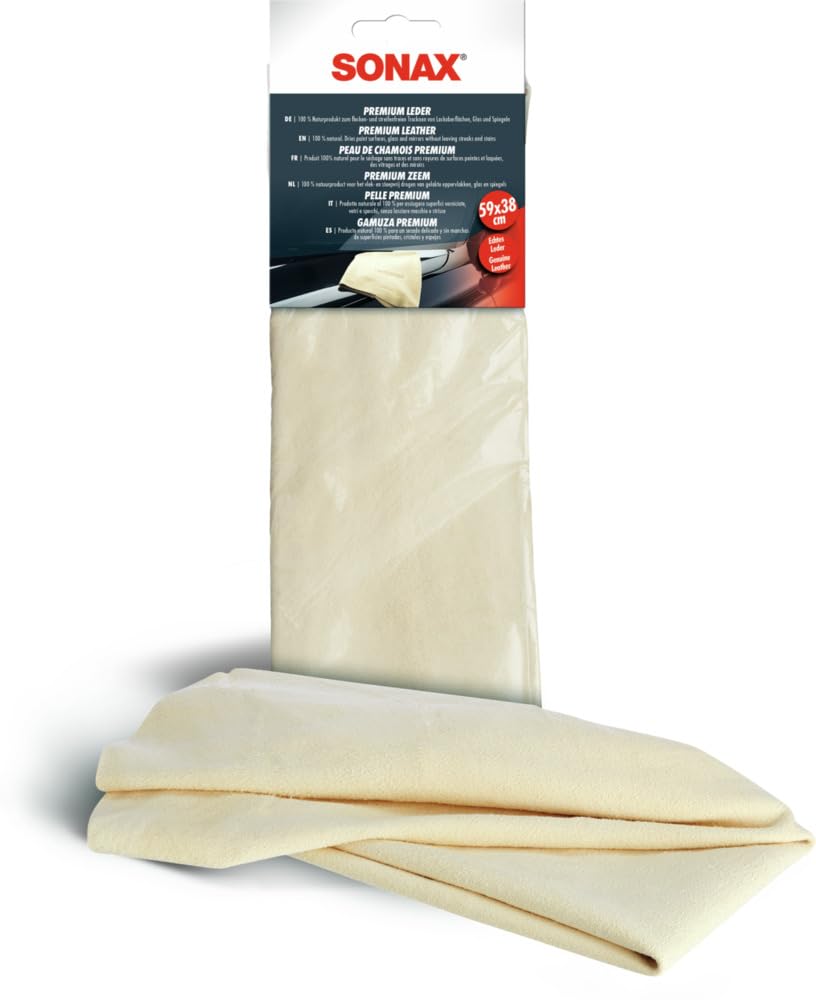 SONAX PremiumLeder (1 Stück) saugfähiges Naturleder zum Flecken- und streifenfreien Trocknen von Lackoberflächen, Glas und Spiegeln | Art-Nr. 04163000