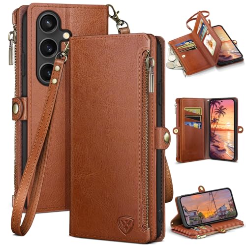 Image of XcaseBar Compatible with Samsung Galaxy S25 Wallet case with Zipper Credit Card Holder【RFID Blocking】,Flip Folio Book PU Leather Phone case Shockproof Cover Women Men for Samsung S25 case Light Brown