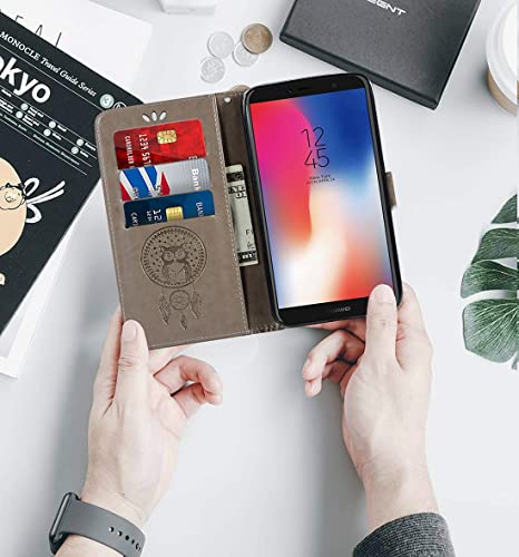 Sidande Case For Huawei Y6 Prime 2018/Y6 2018/Honor 7A/Enjoy 8E Wallet Case With Card Holder, [Wrist Strap] Owl Premium Pu Leather Flip Phone Case Cover For Huawei Y6 2018 (Grey) #TOP6