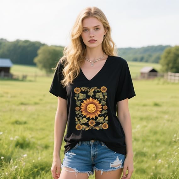 Sunflower Shirts for Women Graphic Tees Boho Floral Wildflowers Vintage Flowers Tees V Neck Cute Summer Tops - Image 7