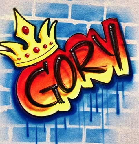 Airbrush Graffiti, Old School Hip Hop T Shirt, Red Orange Yellow, Golden Crown on Brick Wall3