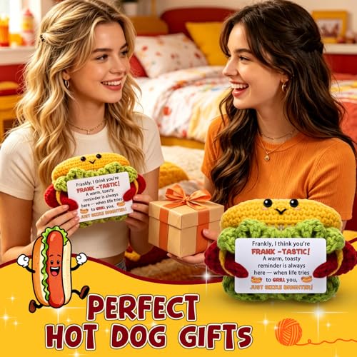 hixkvpen Hot Dog Gifts Emotional Crochet Support Hot Dog, Graduation Encouragement Gift for Women Men Friend Student Coworker Gifts for Hotdog Lovers Positive Stuffed Animal Home Desk Decor