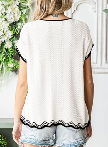 Image of Dokotoo Womens Summer Tops Casual Short Sleeve Wavy Crochet Crewneck Color Block Lightweight Knit Loose Pullover Sweaters