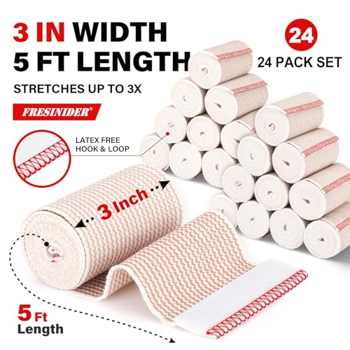 Image of FRESINIDER Premium Elastic Bandage Wrap 3 Inch, 24 Pack, Hook and Loop