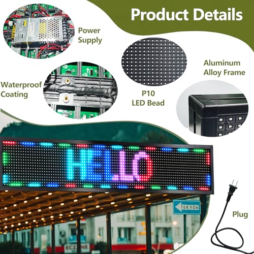 Image of 77 x 14 Inch P10 Outdoor LED Sign, Full Color Programmable Storefront Message Board with WiFi Control, Waterproof Scrolling Digital Display for Shop Window, Restaurant, Church, Cafe and Business
