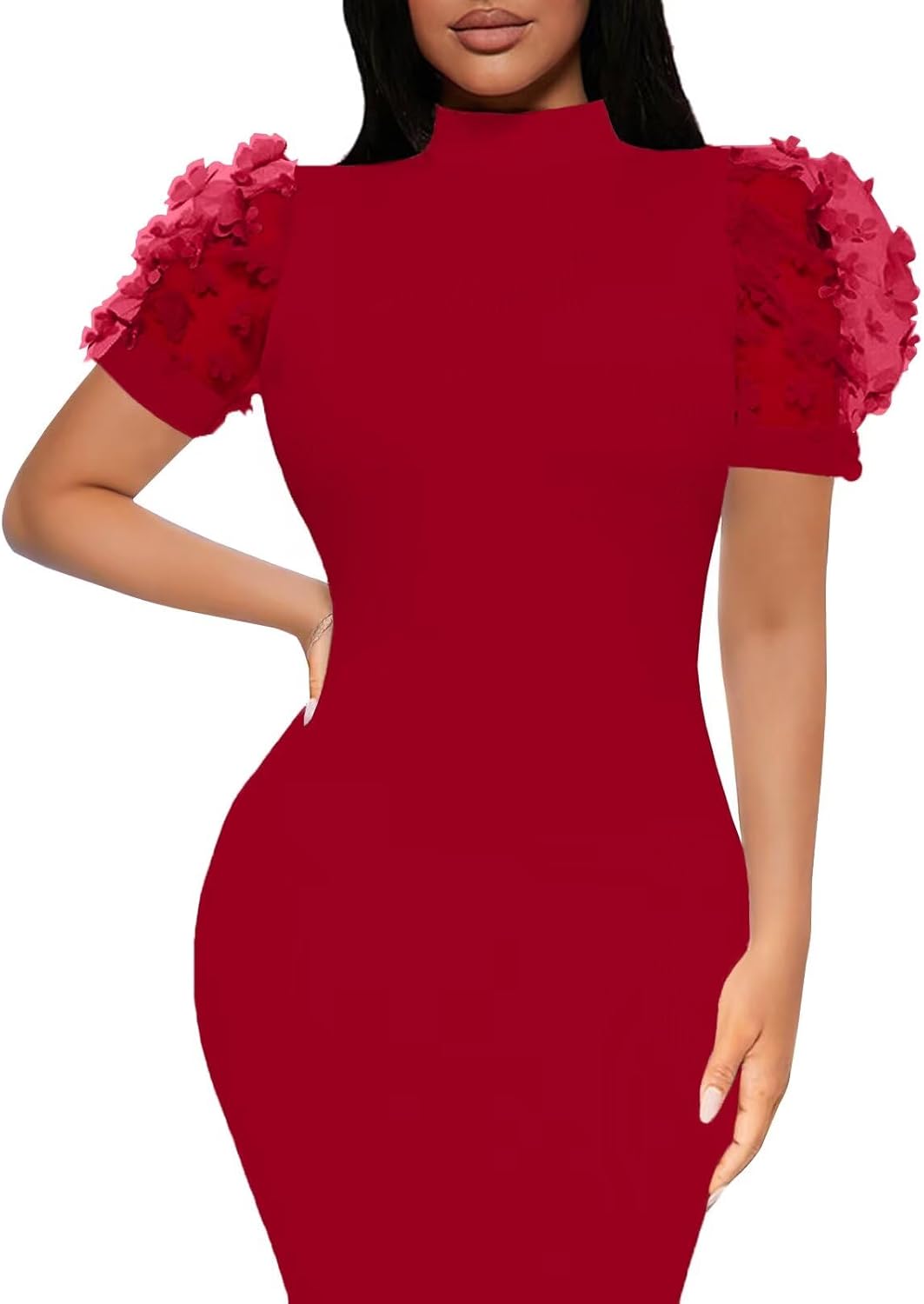 Annystore Women's Mesh See Through Sheer Dress Short Puff Sleeve Bodycon Dress Mock Neck Sexy Club Party Midi Dress Clubwear - Image 2