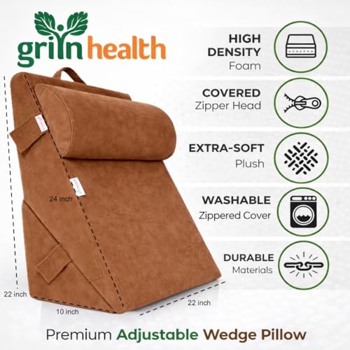 Image of Grin Health Orthopedic Bed Wedge Pillow with Head Rest High Density Adjustable Wedge Cushion for Sleeping, Acid Reflux, Heartburn, GERD, Leg Support Pillow, Back Support, Pregnancy Pillow (Brown)