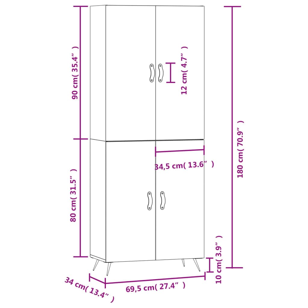 Meuble haut gris béton en bois - 69,5 x 34 x 180 cm - Avec pieds en métal - Buffet et commode moderne pour salon, salle à manger, chambre à coucher, couloir, beaucoup d'espace de rangement