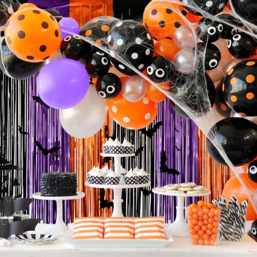 Image of 4 Packs Halloween Foil Fringe Curtain, Orange Black and Purple Metallic Tinsel Backdrop for Birthday, Baby Shower, Bachelorette, Halloween Party Decorations Favors Supplies Indoor Outdoor