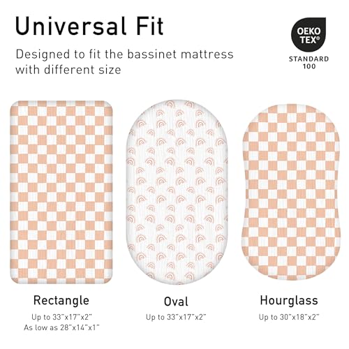 Image of Muslin Bassinet Fitted Sheets 2 Pack, Soft Breathable Cotton Baby Bassinet Mattress Sheet Set, 360 Elastic Snug Fit, Universal for Oval, Rectangle (Lattice Rainbow, Bassinet Sheets 2 Pack)