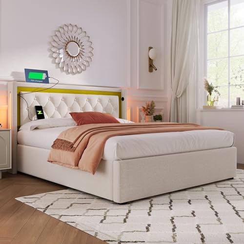 HYSZ Cama tapizada, cama doble, estructura de cama, con espacio de almacenamiento LED, con función de carga USB tipo C, cabecero, de algodón, con somier, 160 x 200 cm (con colchón)