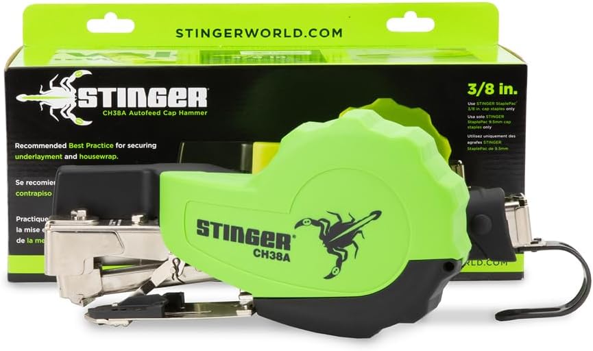 CH38A Autofeed Cap Staple Hammer Tacker, 1" Caps, 3/8" Staples for Roofing Underlayment, Housewrap, and Insulation (STINGER 0136401)