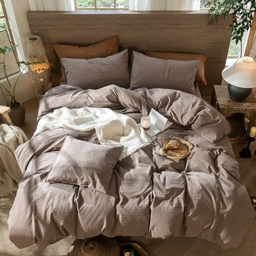 Image of MooMee Wavy Striped Duvet Cover Set 100% Washed Cotton Linen Like Textured Breathable Durable Soft Comfy (Brown, Alaska King 132 inchx120 inch)