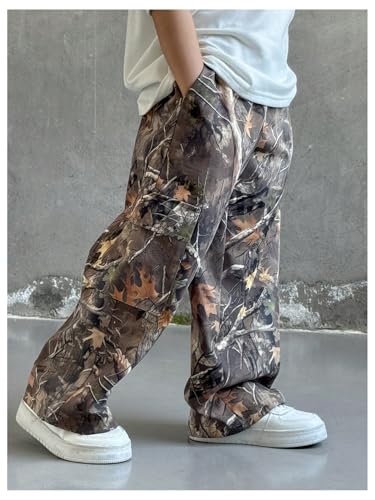 Boy's Camo Cargo Pants Branch Print Flap Pockets Wide Leg Baggy Track Pants2