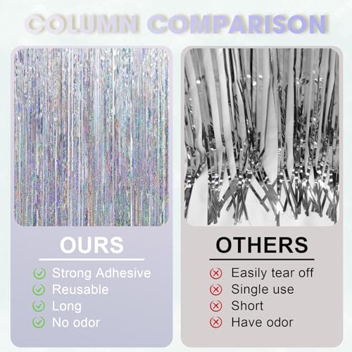 Image of Voircoloria 2 Pack Laser Silver Tinsel Foil Fringe Curtains, Silver Party Decorations, Metallic Tinsel Party Streamers Backdrop for New Years Birthday Halloween Wedding Party Decorations
