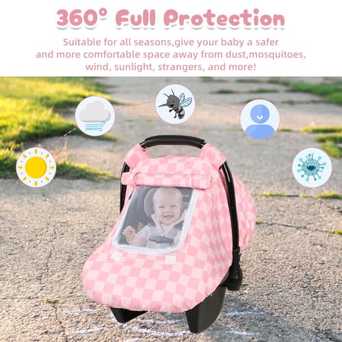Image of Baby Car Seat Cover with Mesh Window for Boys,Pink Checkered