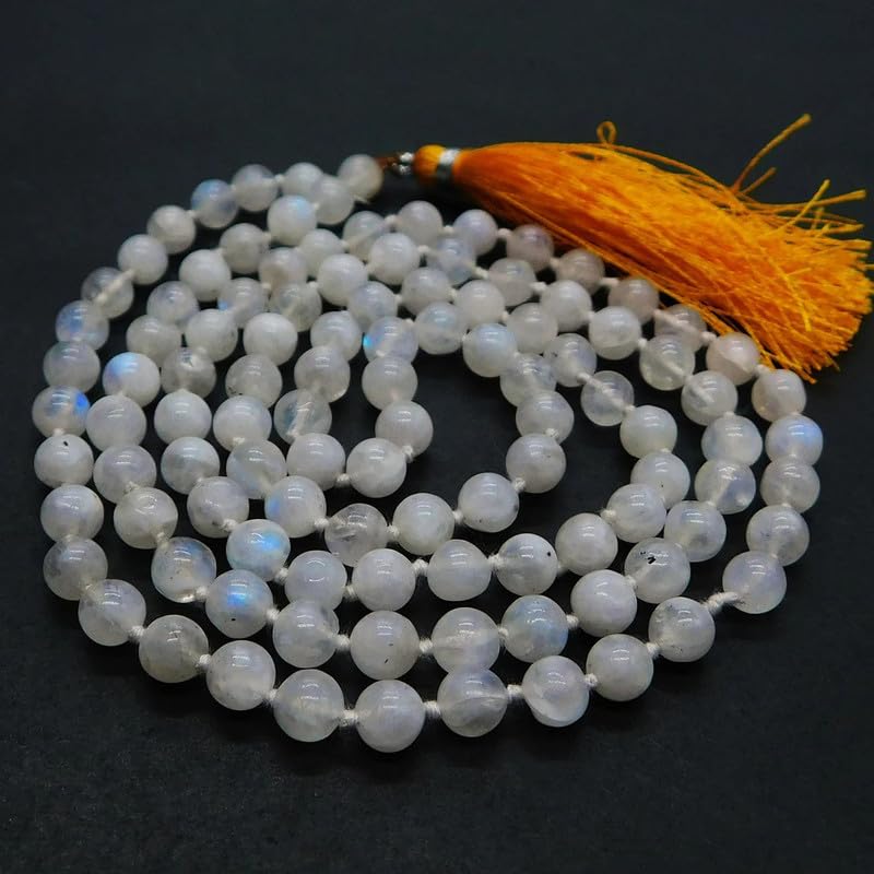 Collar Mala Natural AAA arcoíris blanco 108|Collar Mala con cuentas de oración 108| Mala anudada a mano | Japa Mala| Cuentas redondas de 6 mm | Borla de meditación