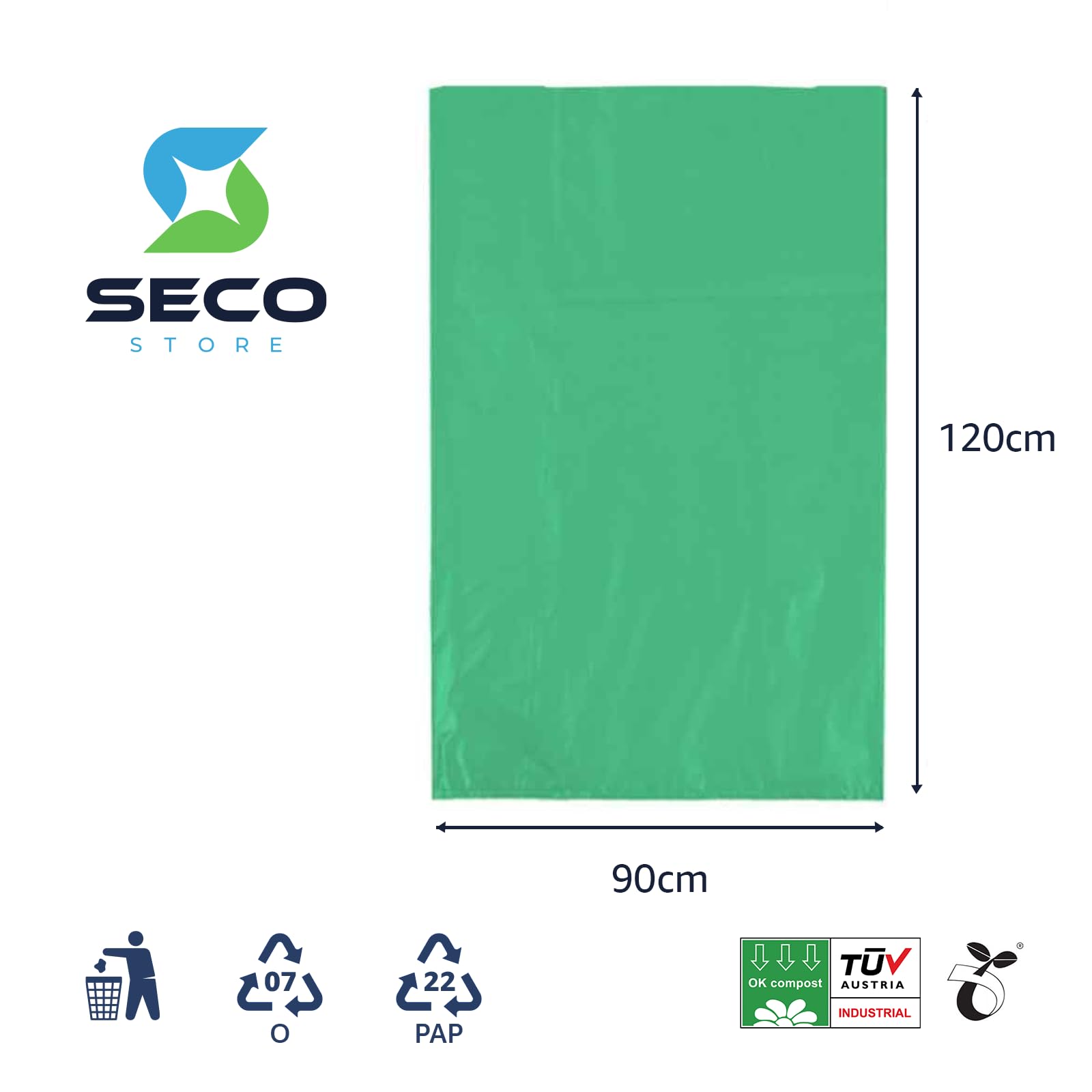 SECOSTORE Busta Spazzatura Organico 90x120 cm, 100 Sacchi in Plastica Compostabile, Spessore 25 micron, Litri 70 | 10 Rotoli da 10