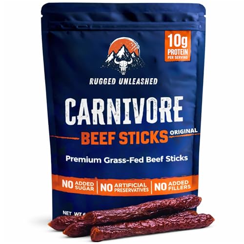 Rugged Unleashed Grass Fed Beef Sticks – Premium Carnivore Snacks With High Protein Meat Sticks, Savory Beef Jerky Snack Sticks, Carnivore Bar, No Nitrates, Zero Sugar, Keto, Paleo & Carnivore Diet Friendly, 6 oz pack