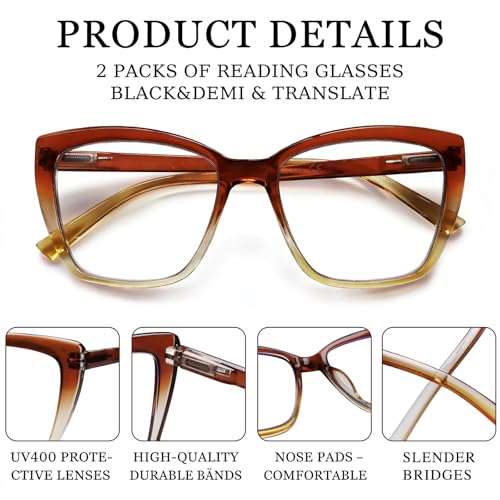 Image of Henotin Reading Glasses for Women, 2 pack Fashion Oversized Blue Light Readers for Women, Spring Hinge Cat Eye Glasses