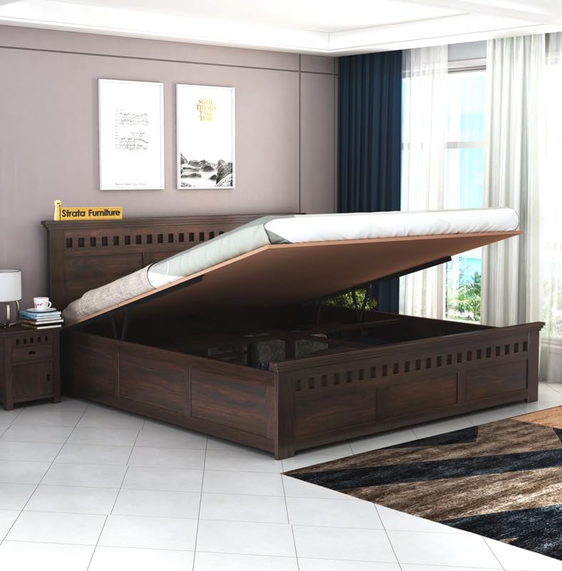 Image of STRATA FURNITURE Sheesham Wood King Size Bed with Hydraulic Storage and Headboard for Living Room Bedroom Home | Wooden Double Bed Cot Palang Furniture (Walnut Finish)