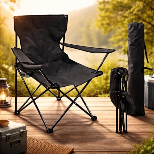 Cadeira Camping Dobrável Com Bolsa Porta Copos E Pé De Ferro E Tecido Poliéster Resistente Premium