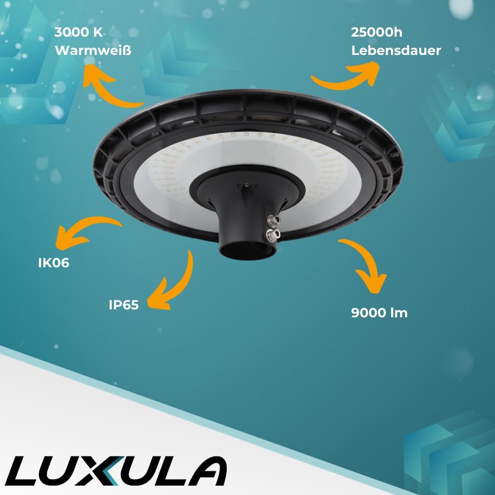 LUXULA LED Straßenlaterne rund 120W 12000lm 3000K IP65, Außenleuchte für Mast Ø60mm, wetterfeste Straßenlampe warmweiß, Mastleuchte außen für Parkplatz Garten, robuste Außenbeleuchtung