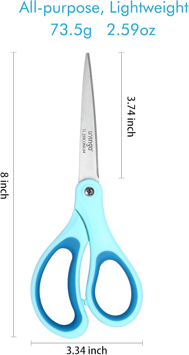 LIVINGO Scissors All Purpose - Titanium Coated Heavy Duty Sharp Stainless Steel Comfortable Shears for Office Home School Cutting Paper Fabric, Sky Blue & Pink & White, 3 Pieces