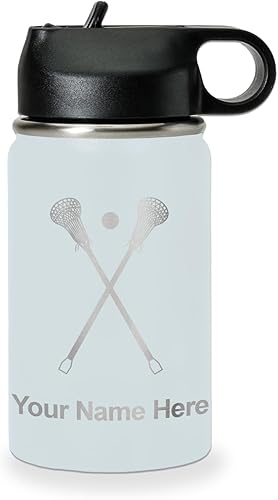 Vista 280 de LaserGram Botella de agua personalizada, palitos de lacrosse, acero inoxidable de doble pared aislada al vacío con popote superior, regalo grabado