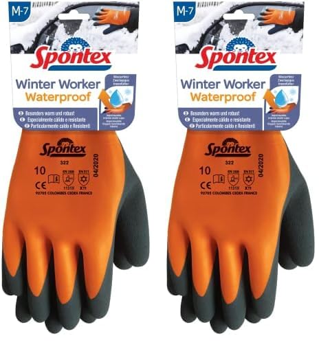 Spontex Winter Worker Waterproof Handschuhe, Wasserfeste Arbeitshandschuhe mit zweilagigem Innenfutter, hoher Kälteschutz, Latexbeschichtung, Größe M, 1 Paar, 12322087, Orange/Schwarz, M (1 Paar)