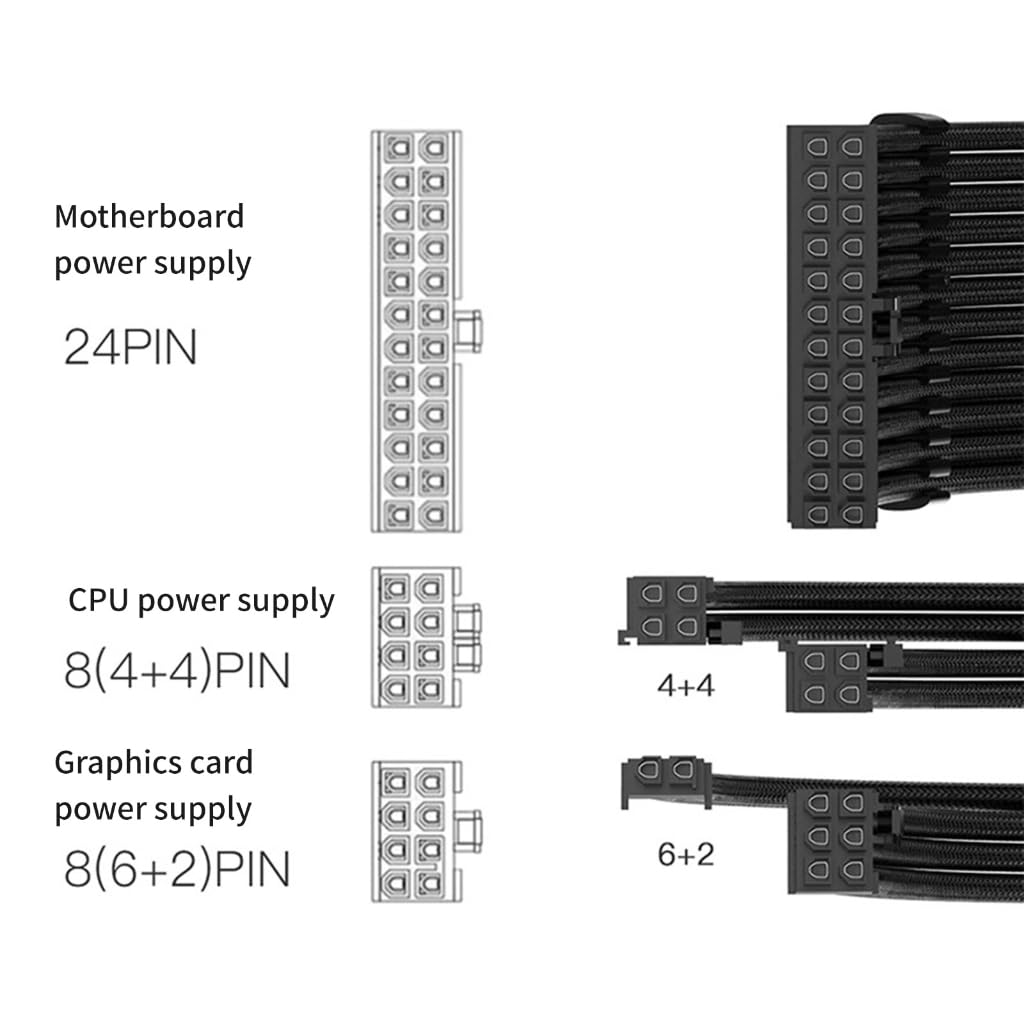 Juego de extensión de cable de alimentación de 18 AWG para PC, incluye CPU de 1 x 24 pines, 1 x 8 pines, cables PCIE de 2 x 8 pines con peines, opción de color de 30 cm